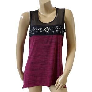 Elie McCarthy Medium Burgundy Embellished Sharkbite Tank Top Mesh Yoke Womens